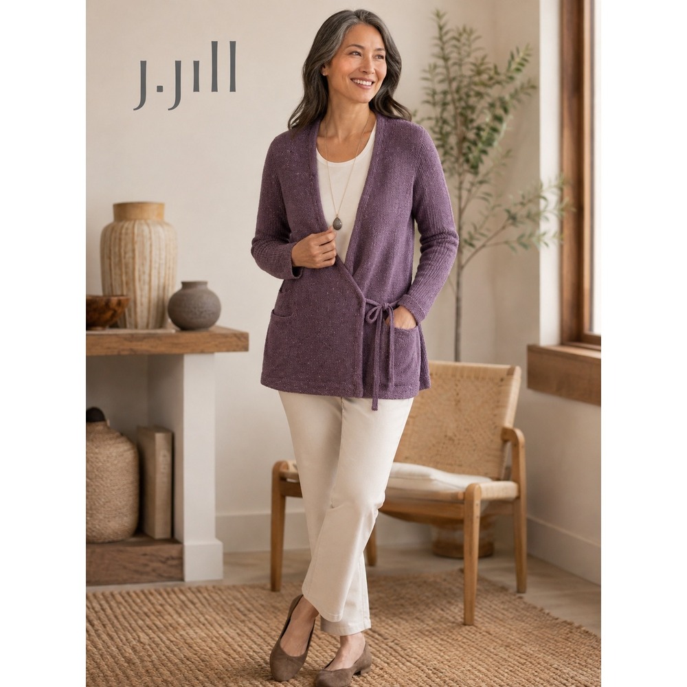 J. Jill Silk Wool Blend Wrap Cardigan Sweater Purple Plum Knit Size Small
